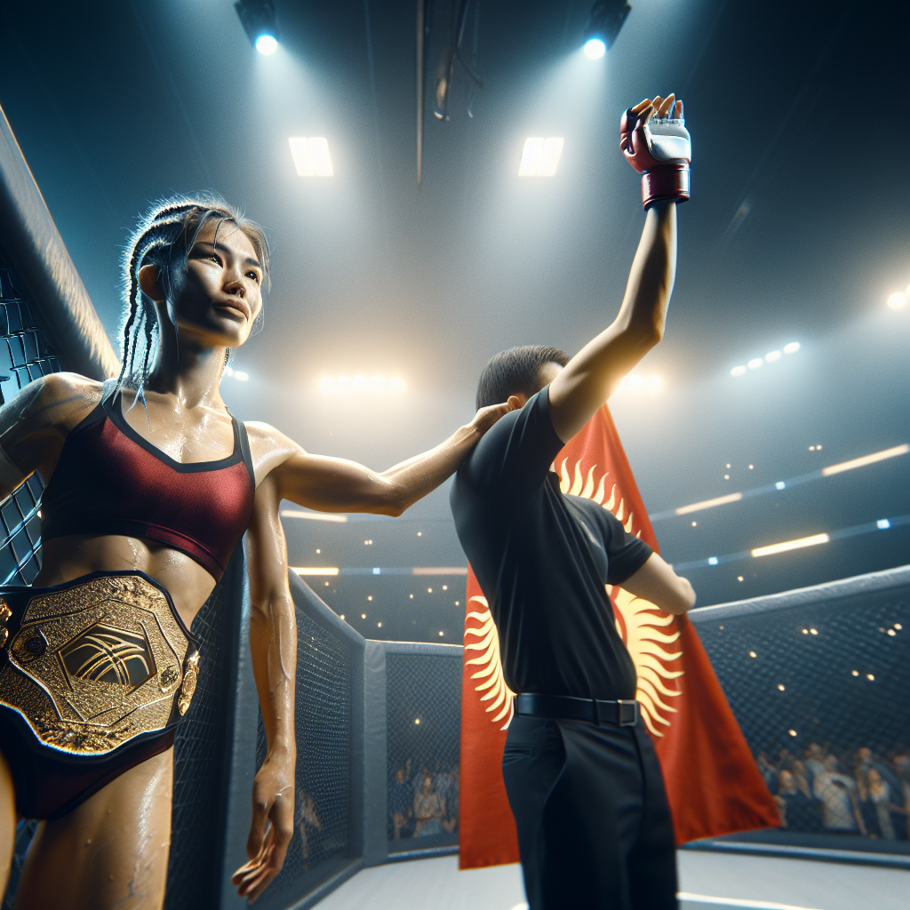 Кыргызская чемпионка MMA защищает пояс в клетке, рефери поднимает руку после победы.